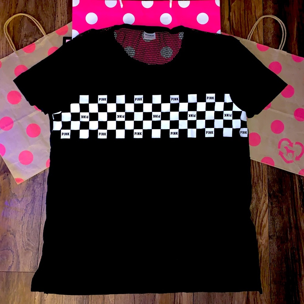 VS PINK Size MEDIUM HTF Black/White Checkered Campus Tee.